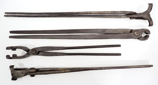 (4) Large blacksmith axe or hatchet tongs