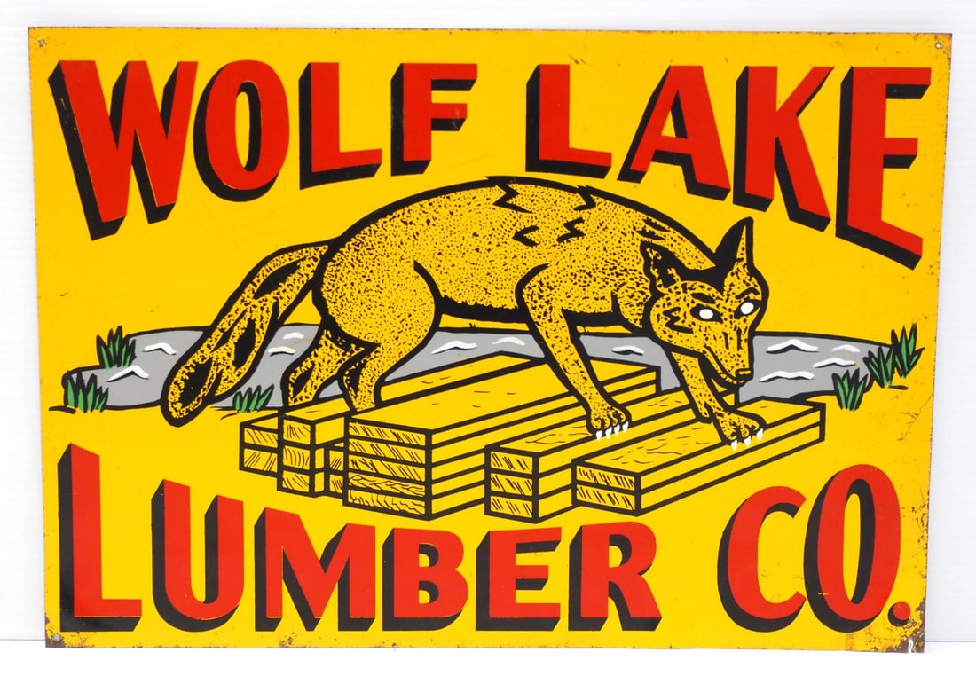 Wolf Lake Lumber Co. sign: 20"x14" SST Wolf Lake Lumber Co. sign - Good