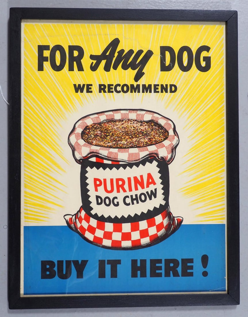 Purina Dog Chow advertisement: Framed paper Purina Dog Chow advertisement with very good color, frame measures 20"x26" - tear across top but complete
