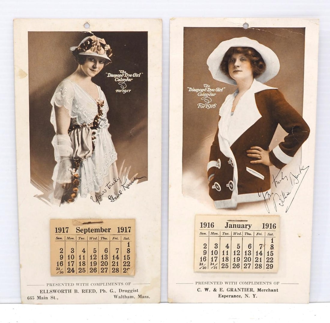 (2) Diamond Dye Girl advertising calendars: (2) 5"x10" paper Diamond Dye Girl advertising calendars: 1916 complete / 1917 starting in September
