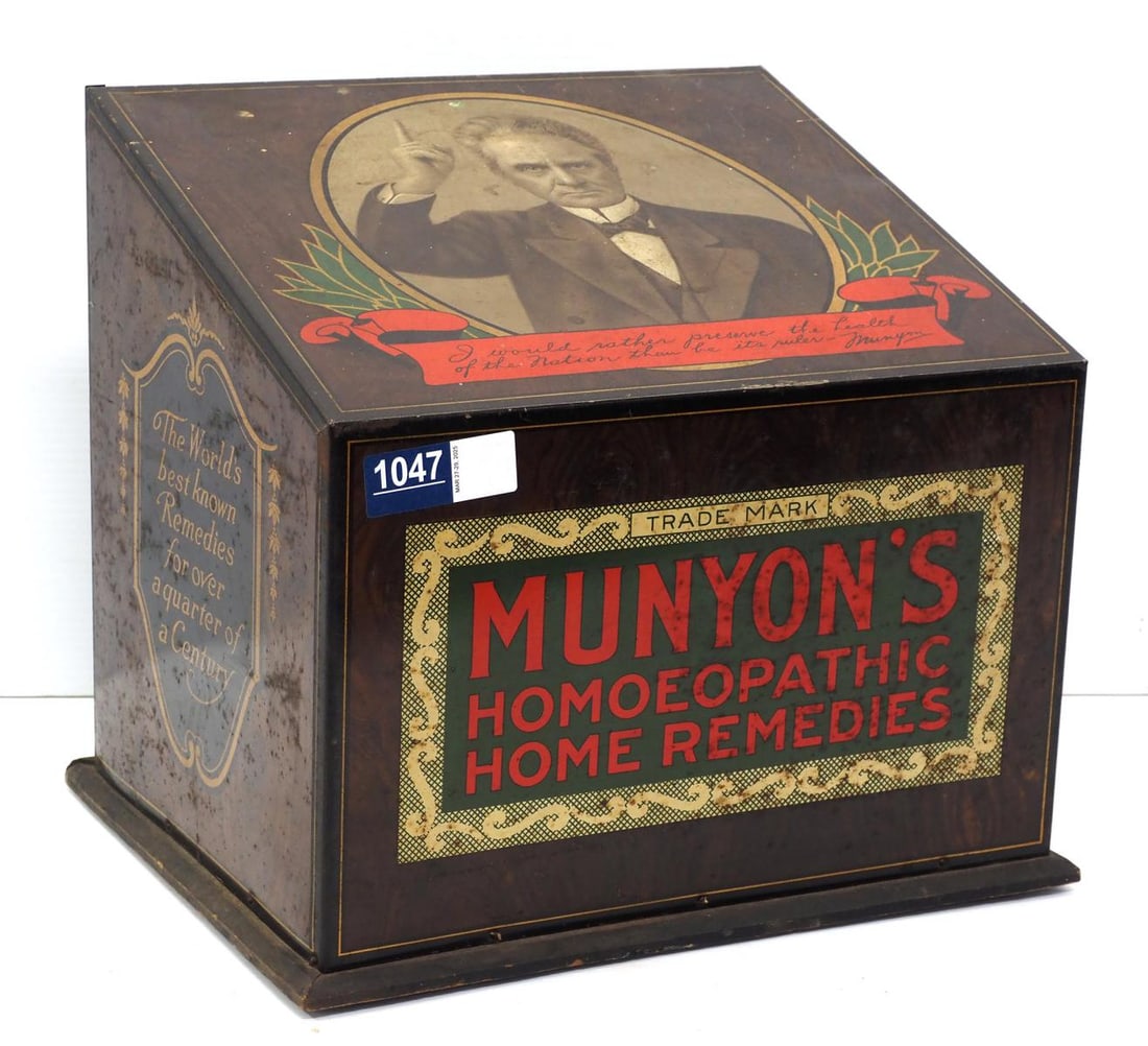Munyon's Homeopathic product display/dispenser: Munyon's Homeopathic Home Remedies country store counter dispenser with Guide To Health booklets and lots of product including Rheumatism Remedy, Nerve Remedy, Liver Remedy, Bone Marrow Powder & more