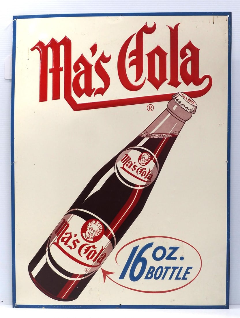 Ma's Cola sign: 23"x31.5" SST embossed Ma's Cola sign - Good