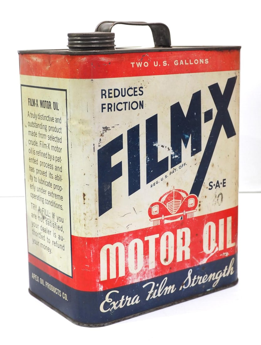 2-gallon Film-X Motor Oil tin: 2-gallon Film-X Motor Oil tin, Apex Oil Products Co. - Fair
