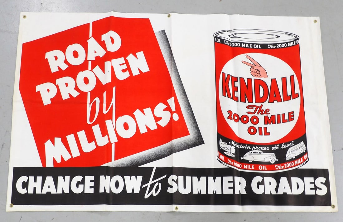 NOS Kendall Motor Oil "Road Proven" banner: NOS Kendall Motor Oil "Road Proven" canvas banner with grommets, 56"x36", excellent color! - Excellent