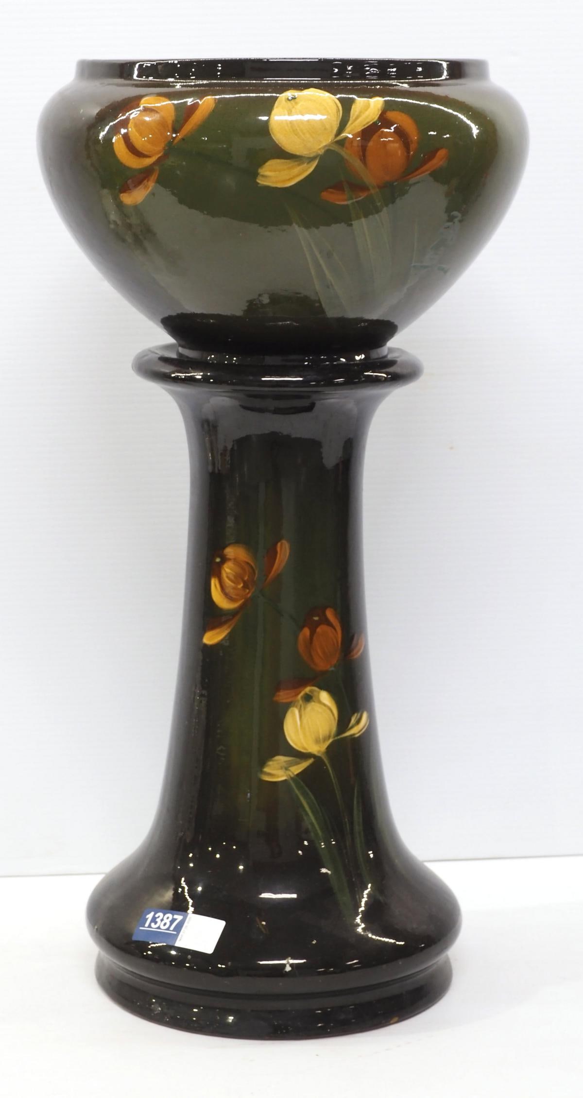 Weller or Roseville jardiniere & pedestal: Weller or Roseville jardiniere & pedestal, 14"dia x 26"H - Very Good with a few chips near middle * * This lot will be delivered to the UPS Store for professional packing and shipping