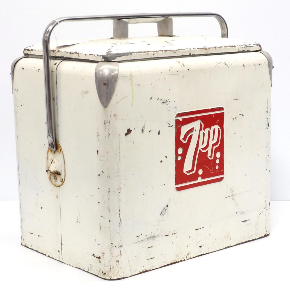7-Up bottle cooler: 7-Up bottle cooler with inside tray, by Progress Refrigerator Co., Louisville KY, 18"x13"x16"H - Good