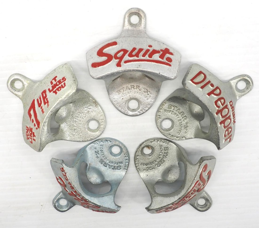 (5) Bottle openers: (5) Metal wall-mount bottle openers: Squirt / Dr Pepper / Pepsi Cola / 7-Up / Ju-C Beverages -