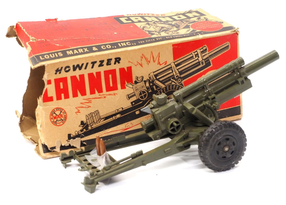 Marx Howitzer Cannon with 2 shells: Marx Howitzer Cannon with 2 shells and original box - Great, box is rough