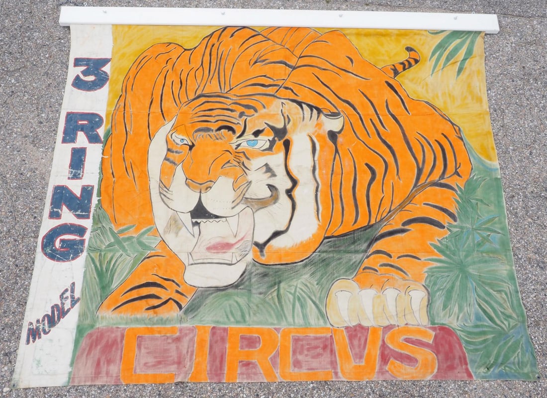 3 Ring Circus banner: Hand-painted canvas 3 Ring Circus banner with great color and tiger graphic!, 111" x 98" -Good *NOTE: This item will be packaged and shipped when we return to our Indiana facility the week of June 16.