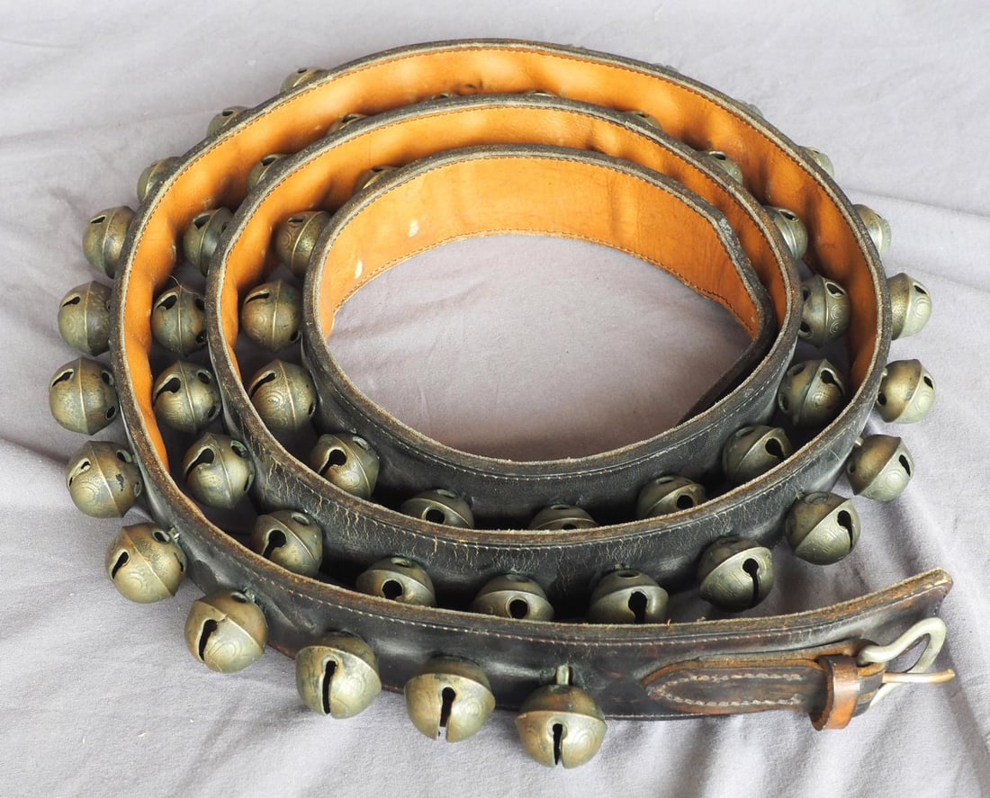 Brass sleigh bells: 90"L leather strap of brass sleigh bells -Very Good *NOTE: This item will be packaged and shipped when we return to our Indiana facility the week of June 16.