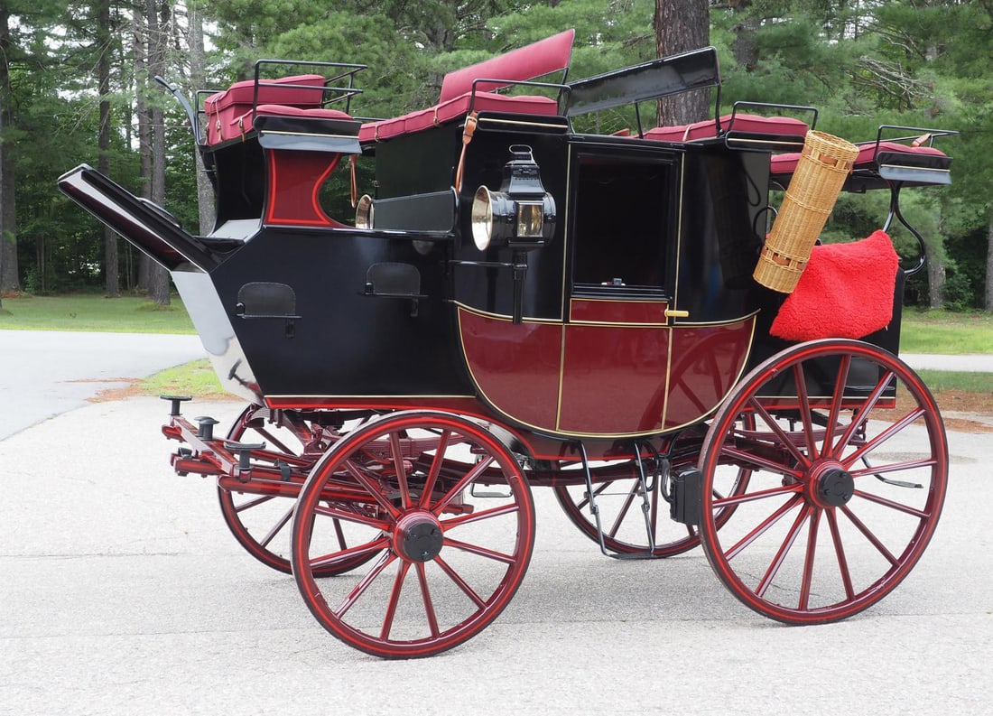 Holland & Holland Park Drag: Horse-drawn Park Drag manufactured by Holland & Holland in London, England, circa 1860-1880, includes wicker umbrella holder and horn pouch, sells without lamps, sells with pole, 75" x 155" x 99"H -Re