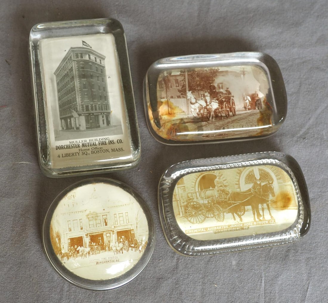 (4) Glass early fire-related paper weights: (4) Glass early horse-drawn fire-related paper weights: Dorchester Fire Insurance Co., Boston, Mass. / Central Fire Station, Binghamton, NY / Chemical Apparatus, Junior Hose & Truck Co., Chambersburg,