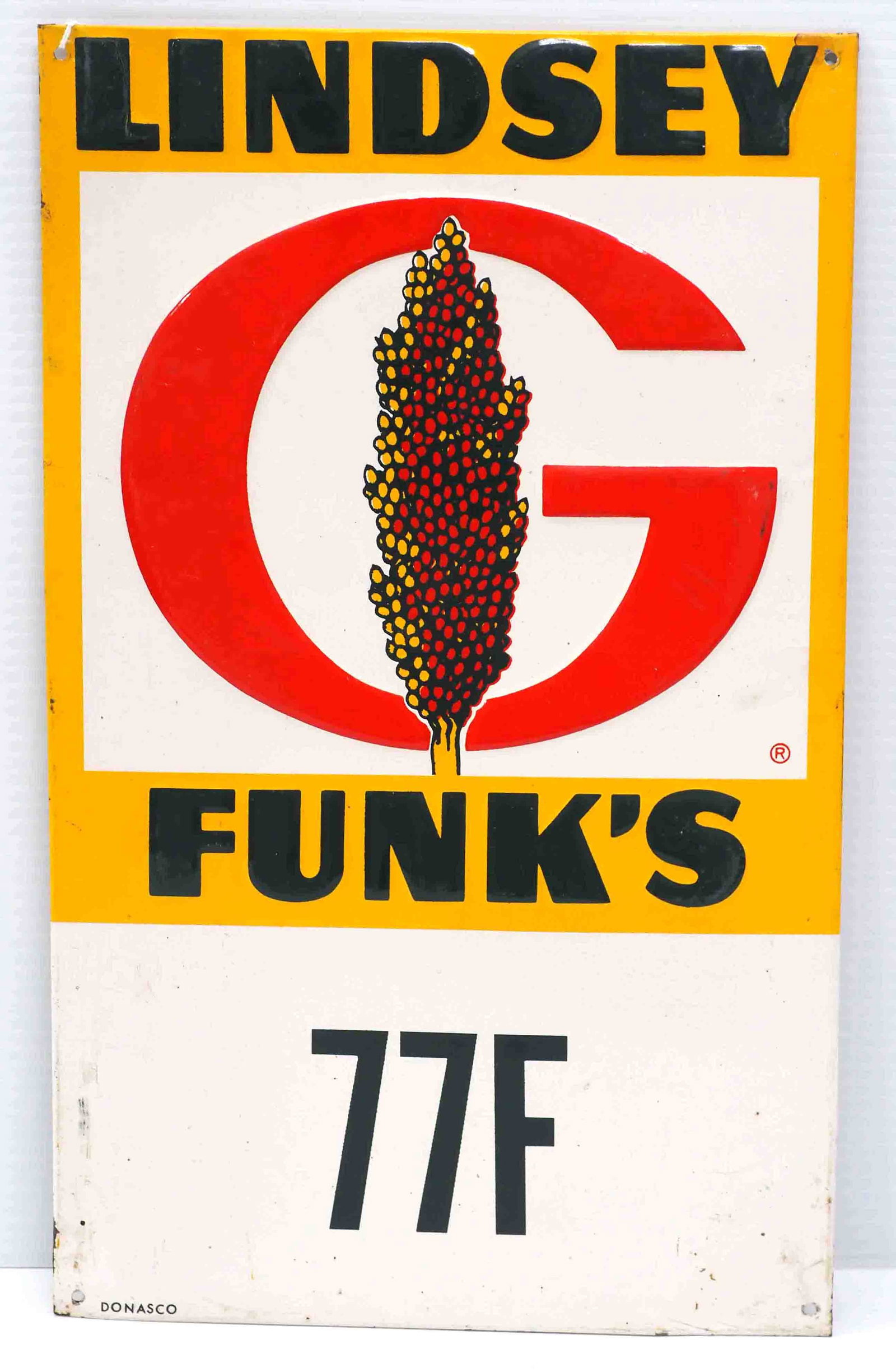 Lindsey Funk's G 77F sign: 9.5"x15.5" SST embossed Lindsey Funk's G 77F sign, marked Donasco - Good