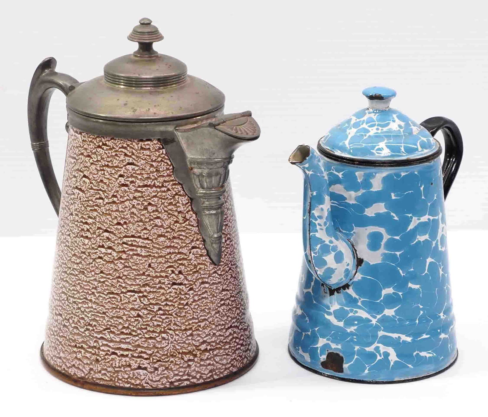 (2) Early tea kettles: (2) Early tea kettles: blue swirl granite / pewter with brown porcelain