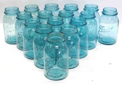 Set of (16) blue Ball canning jars #0 thru #15