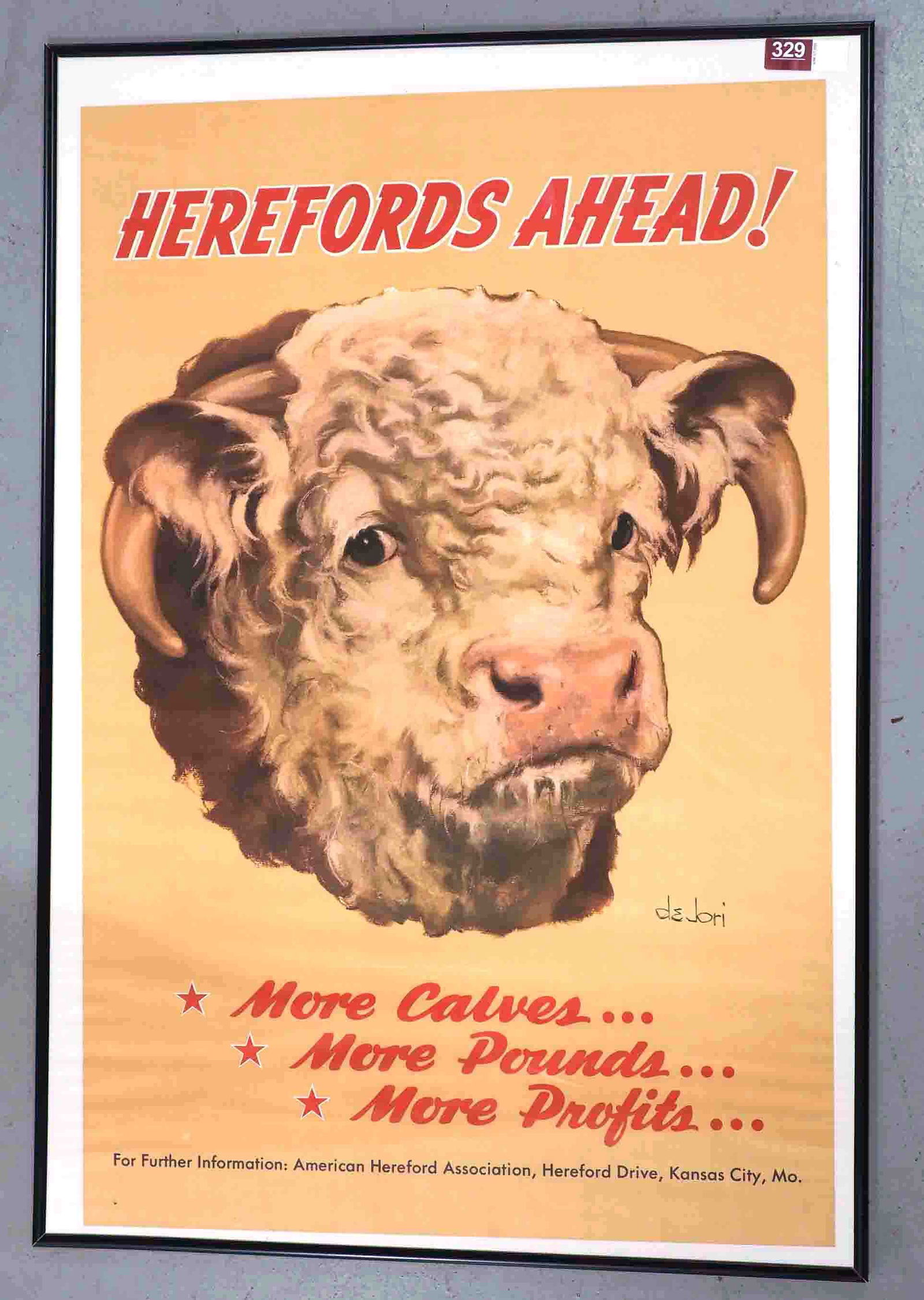 Herefords Ahead advertisement: 24.5"x37" paper Herefords Ahead advertisement in plastic frame - Excellent