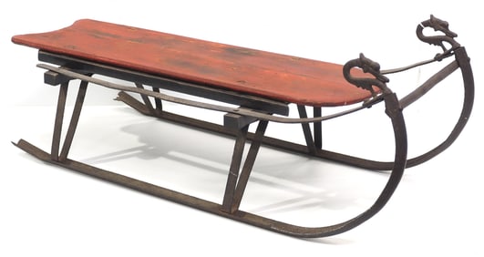Cast iron & wood child's sled with swan heads