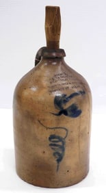 1 gallon crock jug with blue decorations