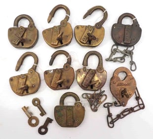 (9) Brass stockyard padlocks with keys