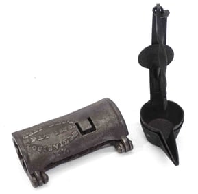 Gray Bros clam-style corn sheller / Whale oil lamp