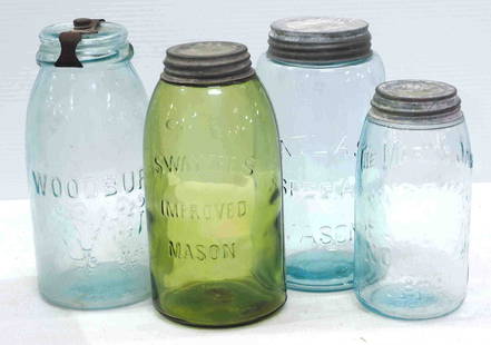 (4) Rounded shoulder glass canning jars: (4) Rounded shoulder glass canning jars: 1-qt Mason's "The Marion Jar" with zinc lid / 2-qt Woodbury with glass lid / 2-qt Atlas Special Mason wide mouth with zinc lid / 2-qt Swayzee's Improved Mason