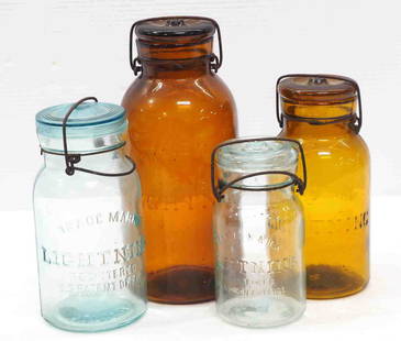 (4) Lightning glass canning jars: (4) Lightning glass canning jars with glass lids, 2 are amber!