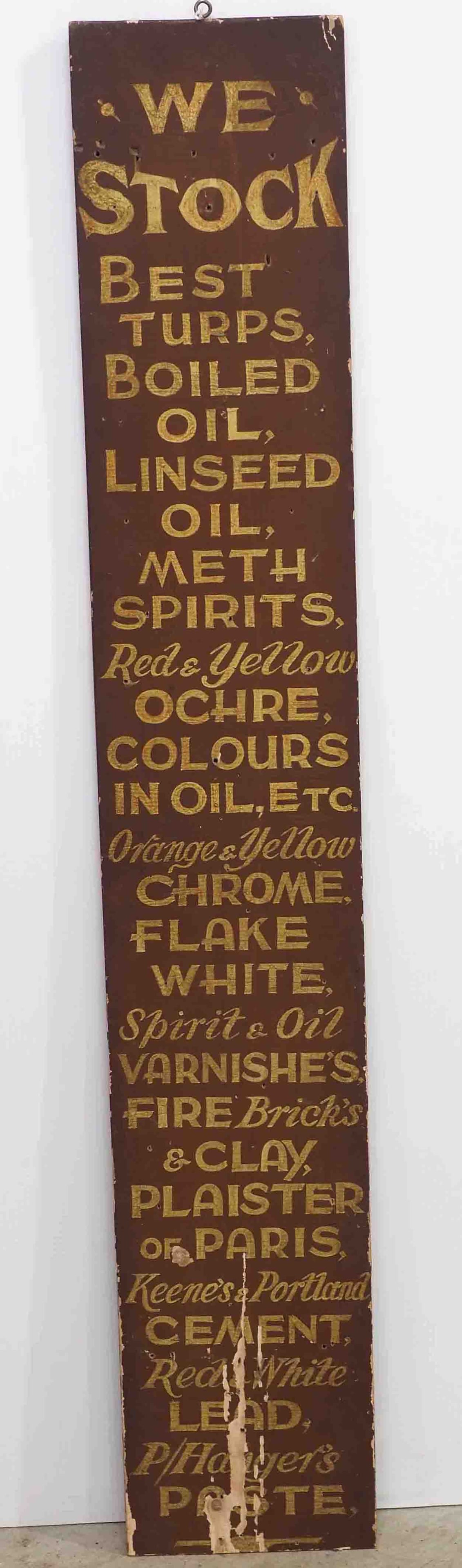 "We Stock" painted sign: 9"x51"H painted wood "We Stock" sign with list of artist supplies? - Good with wear to edges