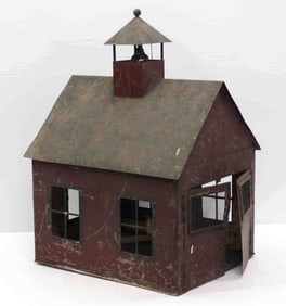 Tin school house model with early paint & bell