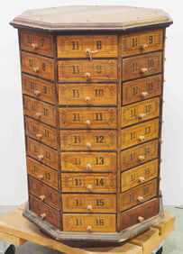 Wooden, rotating, octagon 72-drawer bolt bin