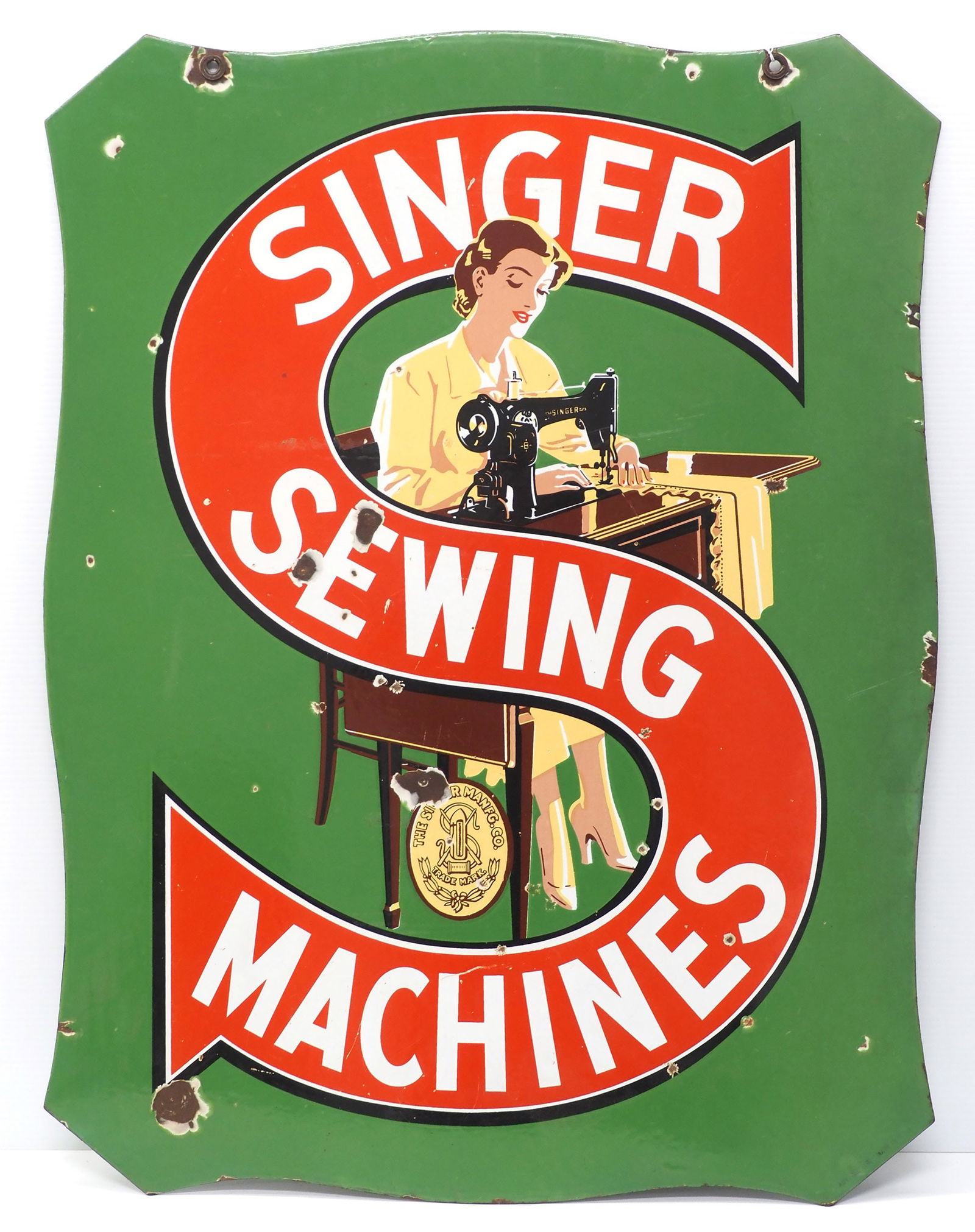 Singer Sewing Machines sign: 24"x32" DSP Singer Sewing Machines sign - some porcelain chips, otherwise Good