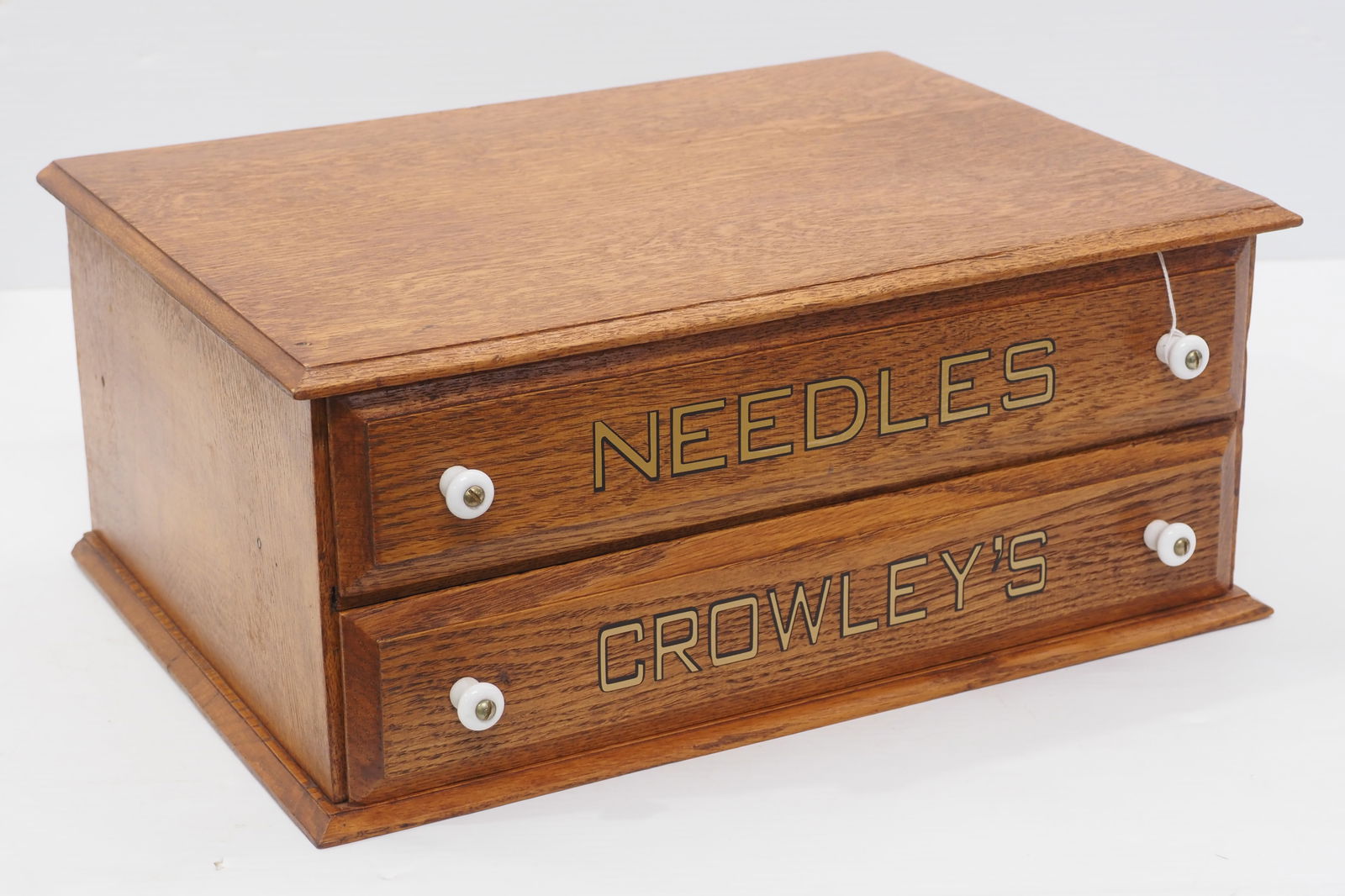 Oak 2-drawer Crowleys Needles cabinet (1 of 3)