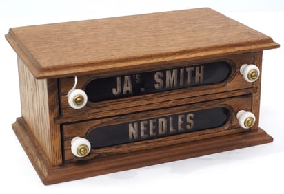 Oak 2-drawer JA Smith Needles cabinet