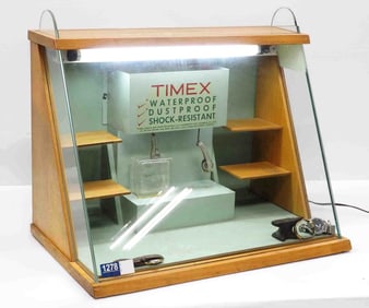 Timex watch, lighted countertop display case