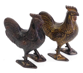 (2) Cast iron rooster banks