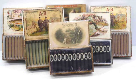 (6) Wooden cigar boxes with colorful labels