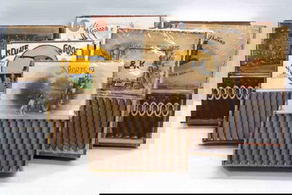 (7) Wooden cigar boxes with colorful labels