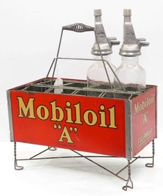 Mobiloil A Filpruf metal oil bottles & rack
