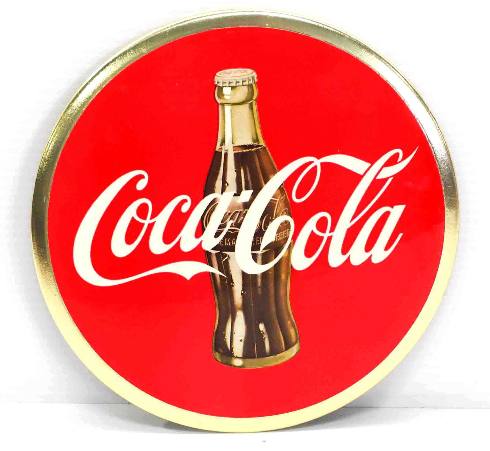 Coca Cola bottle badge: 9"dia. celluloid Coca Cola bottle badge