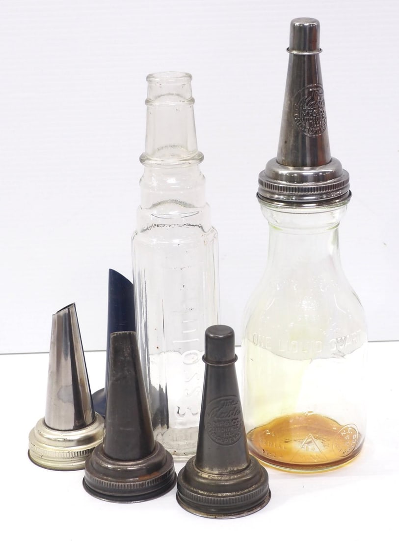 (2) 1-quart glass oil bottles & (5) metal spouts (1 of 2)