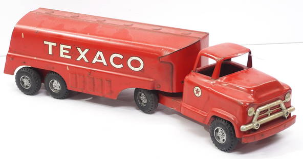 Buddy L pressed steel Texaco tanker truck: Buddy L pressed steel Texaco tanker truck, 24"L - Good with play wear