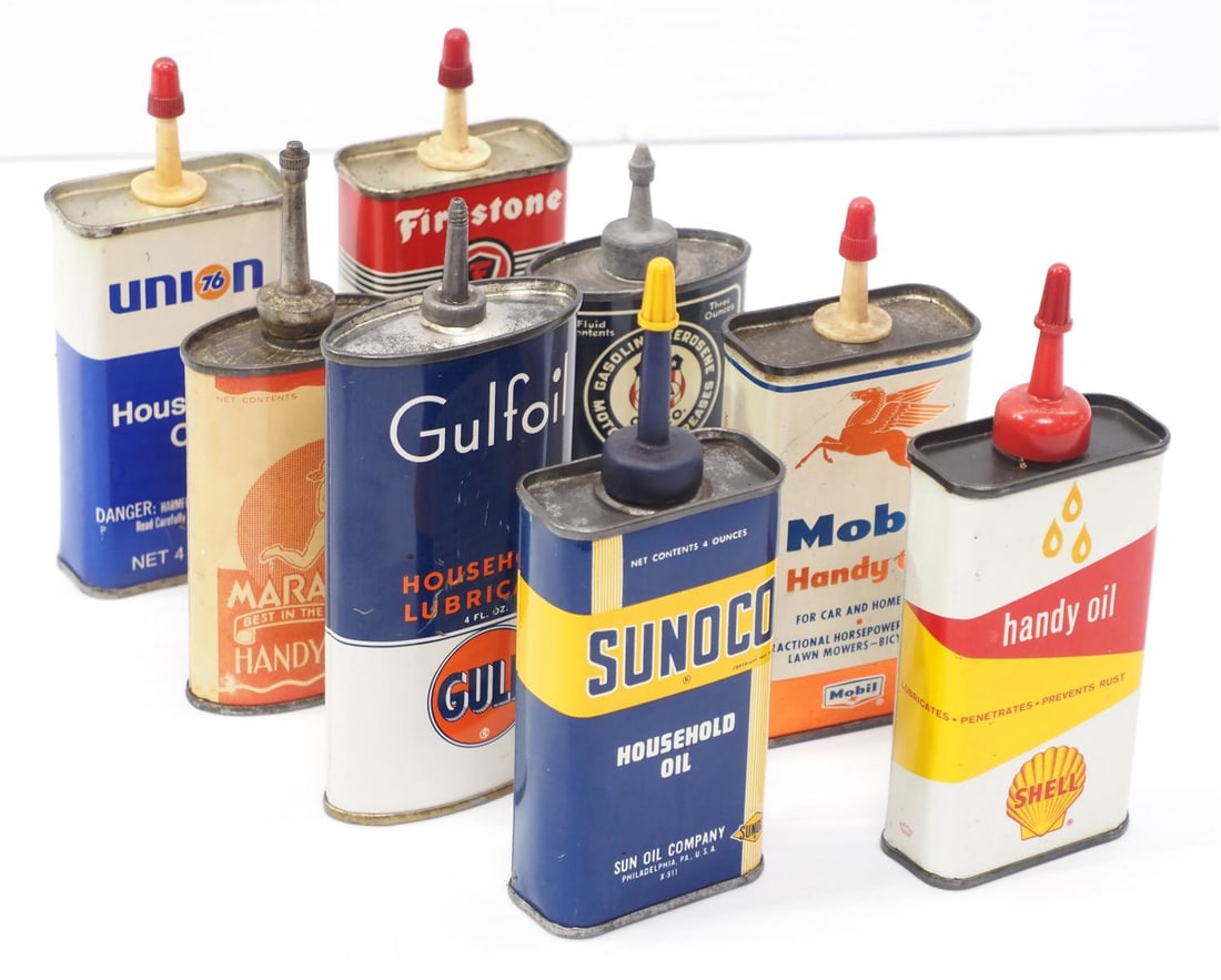 (8) Small household & machinery oil cans: (8) Small household & machinery oil cans from Sunoco, Shell, Gulf, Mobil, Marathon, M-F-A, Firestone & Union - some with product