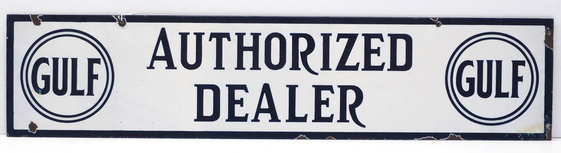Gulf, Authorized Dealer sign: 40"x9" SSP Gulf, Authorized Dealer sign - 1 side Good with chips around edges, 2nd side faded and larger chips