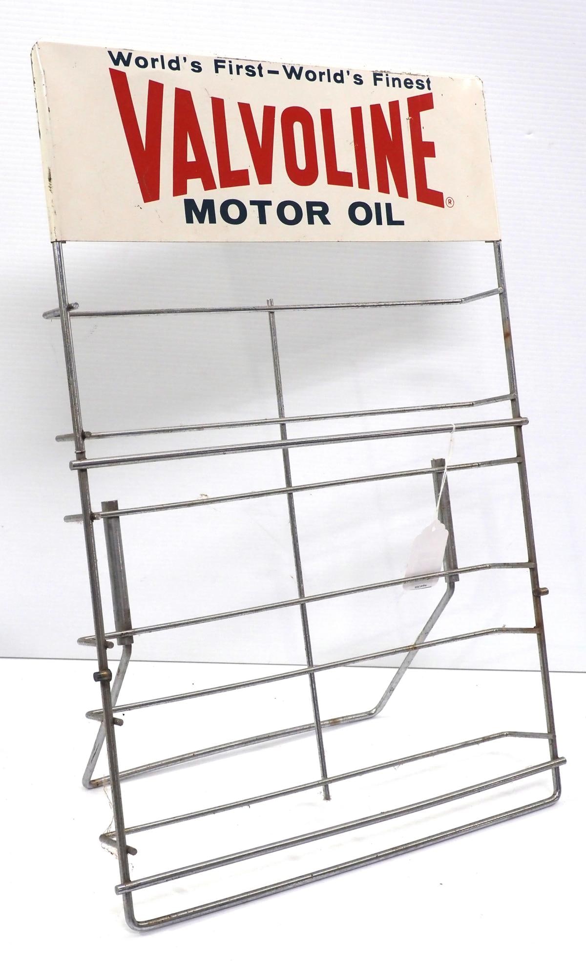 Valvoline Motor Oil countertop oil can display: Valvoline Motor Oil countertop oil can display with tin sign, 18"W x 25"H - missing 1 rod to hold cans