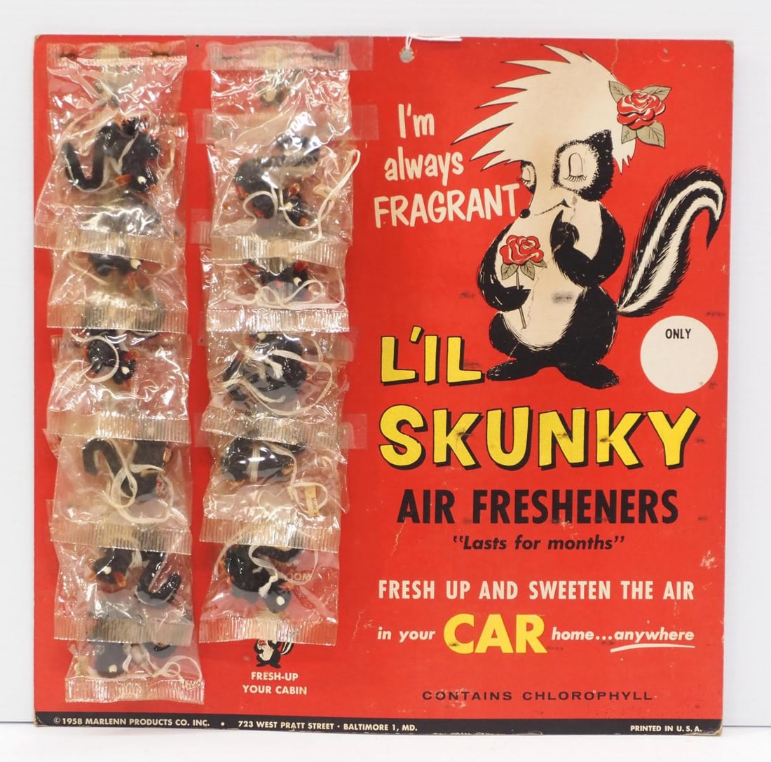 L'il Skunky Air Fresheners product display: 15"x15" cardboard L'il Skunky Air Fresheners product display with product! Dated 1958 - Very Good