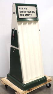 Bennett Model 156 gas station oil can display: Bennett Model 156 gas station oil can display with locking side doors & keys - Repainted * * White Glove transportation available, contact auction house for quote.
