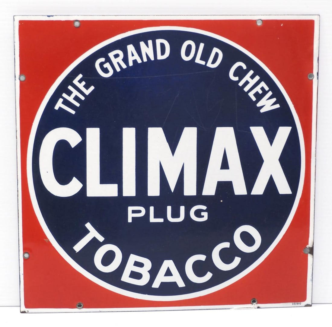 Climax Plug Tobacco sign: 15"x15" SSP Climax Plug Tobacco sign - Very Good with a few scratches and minor chips at edges