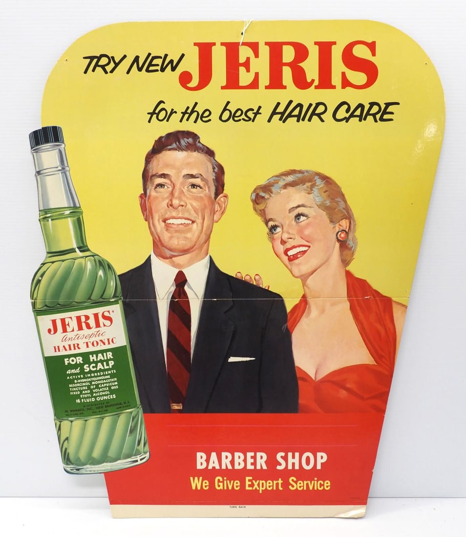 Jeris Hair Tonic stand-up display: 26"x30" cardboard Jeris Hair Tonic stand-up display - Great, unused