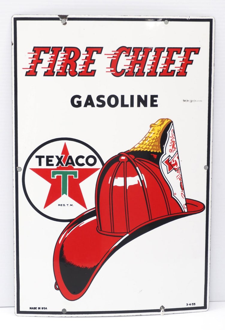 Texaco Fire Chief Gasoline sign: 12"x18" SSP Texaco Fire Chief Gasoline sign, marked 3-4-55 - Very Good with a rub and chip by hang hole