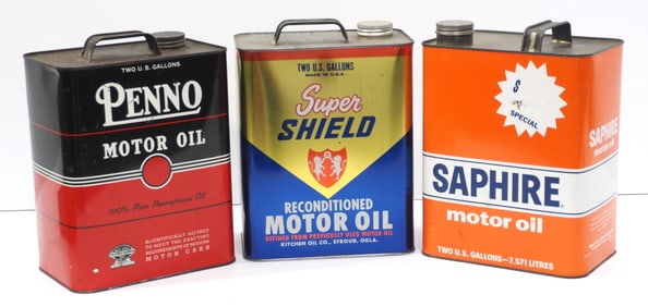 Penno, Super Shield & Saphire Motor Oil tins