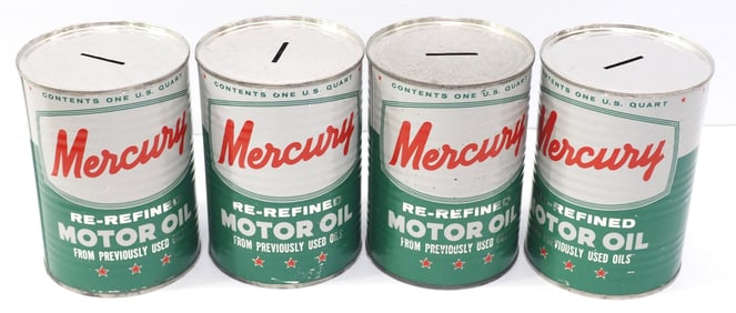 (4) 1-quart Mercury Motor Oil tin can banks